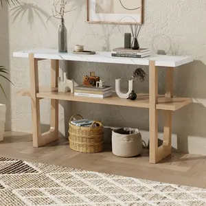TREXM Retro Elegant Console Table with Marble-Effect Top and Versatile Storage Solutions for Entryway and Living Room (Natural)