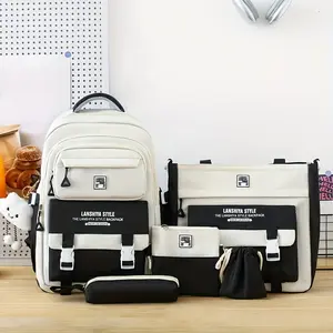 Lanshita Style 5-Piece Contrasting Color Backpack Set Minimalist Tote Bag & Coin Purse Casual Crossbody Bag Pencil Case Tote Cute Backpack for Women Teens Fashion Design