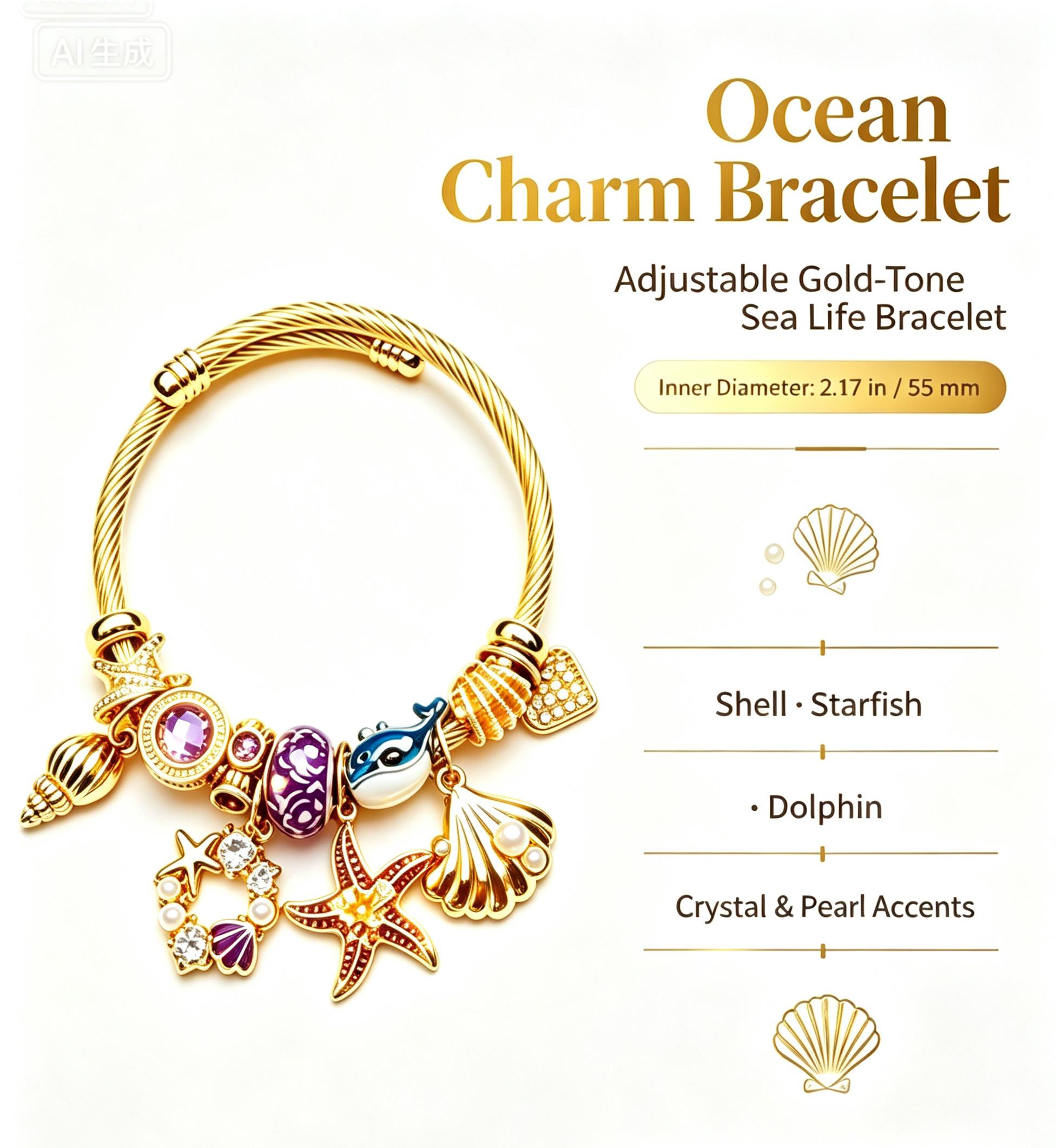 Ocean Dream Charm Bangle: Sparkling Starfish & Whale Open Cuff Bracelet for Women - Aesthetic Jewelry Gift