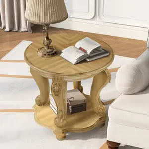 Round End Table 22'' Two Tone Bedside Table Solid Wood Sofa Side Table with Shelf,Living Room Corner Table Easy Assemble, Antique Natural