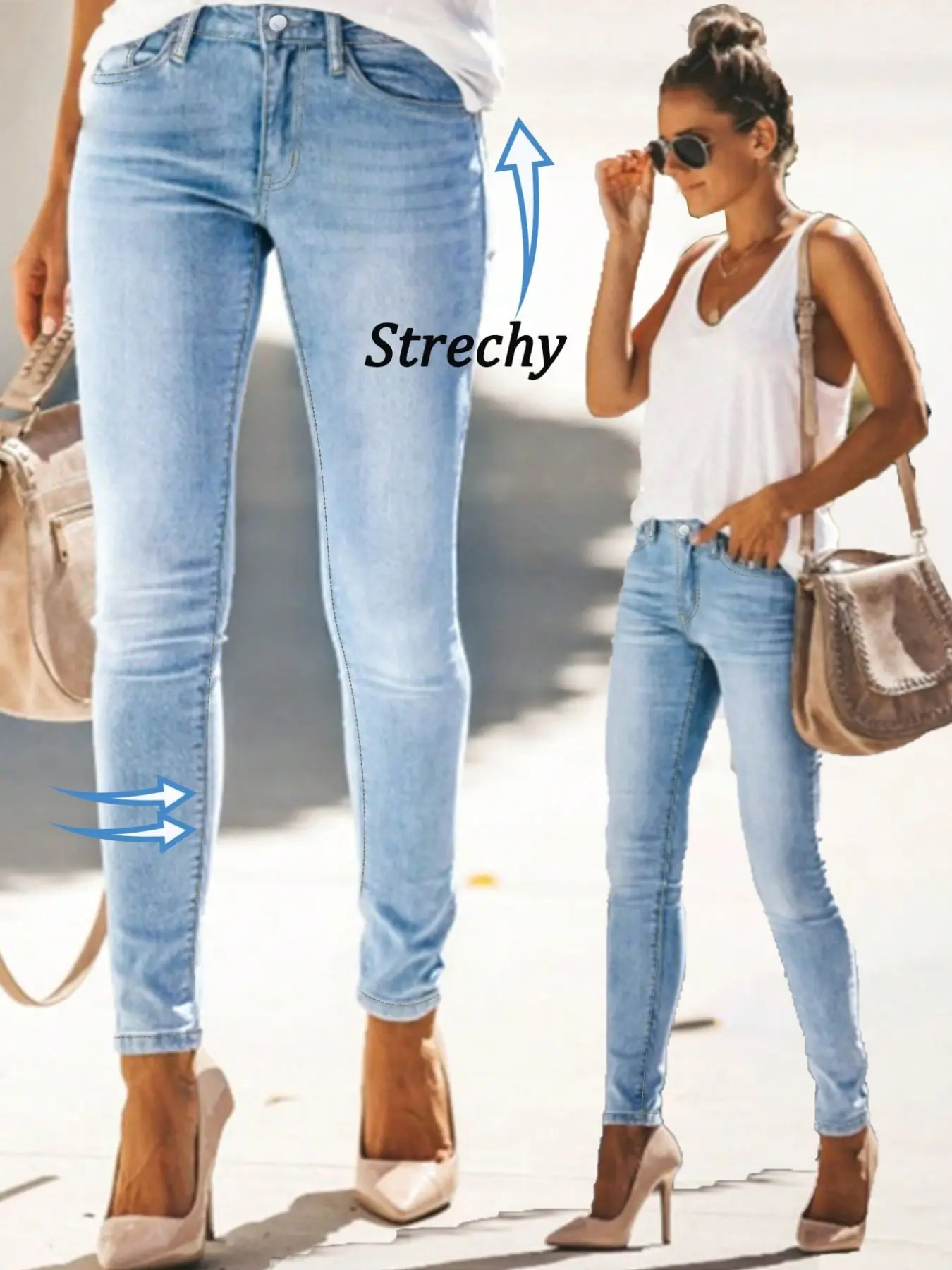 Women's High-Waisted Light Wash Denim Jeans, Slim Fitted Ankle-Length Pants, Elegant, Stretchy & Comfortable, Perfect for Casual Outings, All-Season Wear