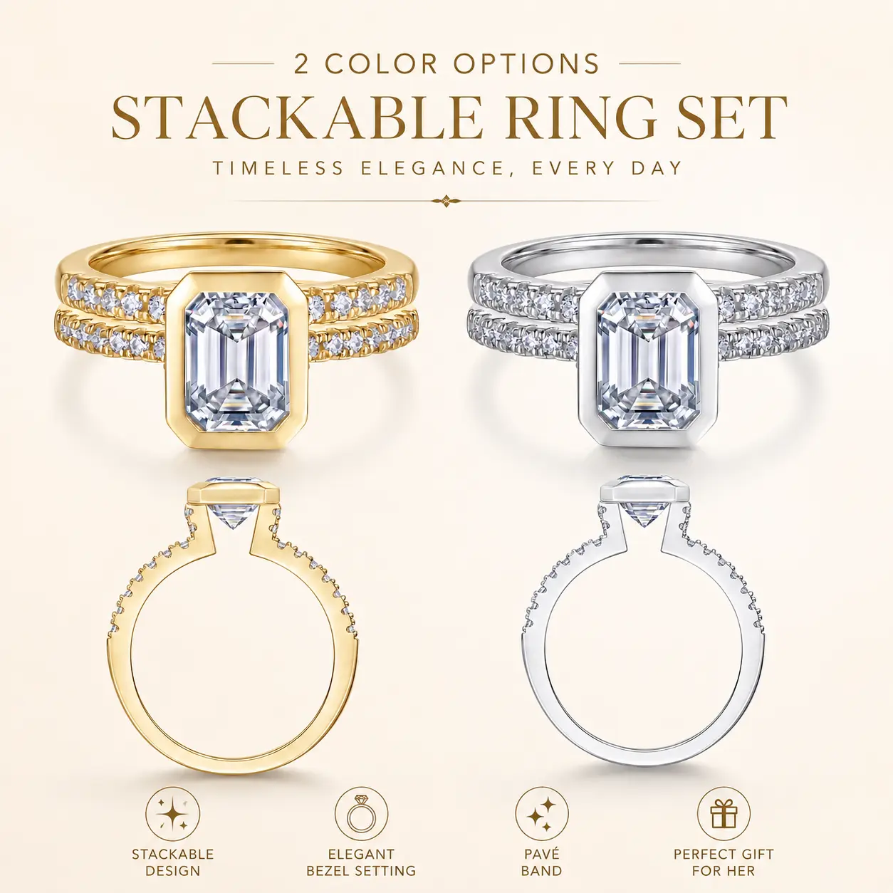 Emerald Cut Bridal Ring Set for Women, Gold Plated Engagement Wedding Ring with Matching Band, Elegant Stackable Promise Ring Set, Luxury Jewelry Gift, Sparkling Cubic Zirconia