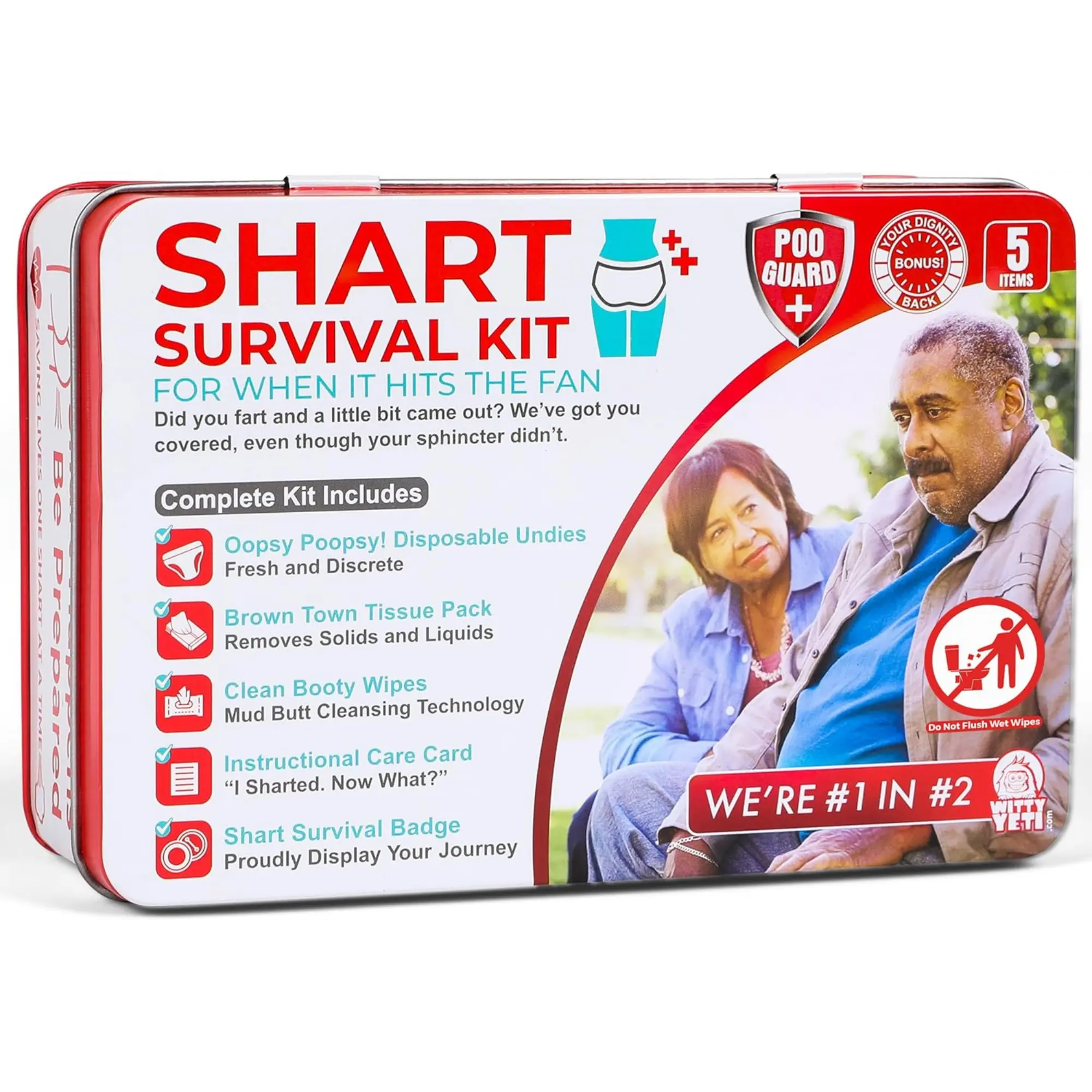 Funny Shart Survival Kit - Witty Gag Joke Funny Gift Set with Wet Wipes, Disposable Underwear, Tissues, Hilarious Badge - Novelty Potty Pack for Friends, Funny Gifts
