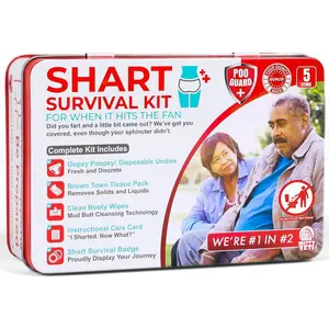 Funny Shart Survival Kit,  Ultimate Poop Prank Gag Gift Set Contains Wet Wipes, Disposable Underwear, Tissues and Hilarious Badge. Novelty Fart Potty Pack Great for Friends or Family