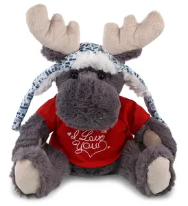 DOLLIBU Grey Moose Plush Stuffed Toy - Fluffy Plush Stuffed Toys, Super Soft Polyester Fabric, Red "I Love You" Shirt, Romantic Bedroom Accessory, Fluffy Stuffed Toys