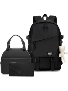 College Laptop Backpack for Men Women 3 PCS Set Bookbag Large School Backpacks with Lunch Bag Pencil Case Anti Theft Travel Backpack Rucksack-Medium,Black