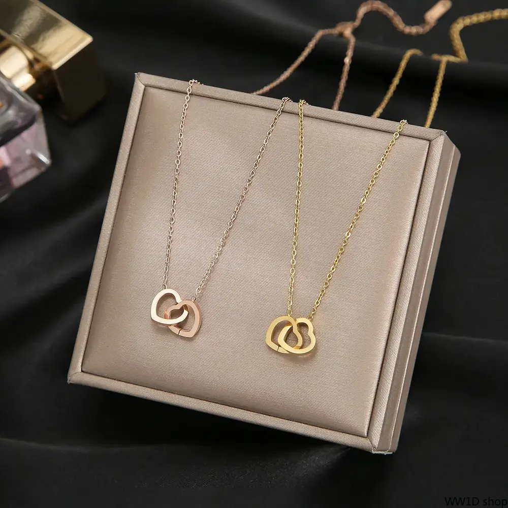 18K Rose Gold Double Circle Necklace - Korean-Style Minimalist Dainty Layered Pendant, Non-Tarnish Titanium Steel, Waterproof Hypoallergenic Fashion Jewelry Gold Accessories