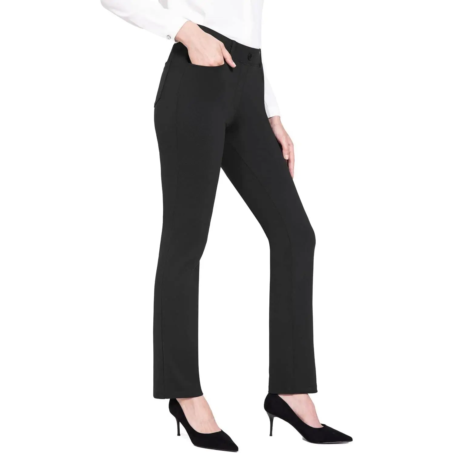 baleaf Women's Stretchy Yoga Dress Pants, 29"/31" Chic Business Casual Straight Leg Pull-On Outfits with Belt, Button, Pockets & Durable Fabric