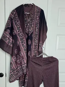 Warm Printed 3-Piece Suit Fabric Soft for Winter Wear - Elegant Printed Kameez Top & Matching Bottom - Classy & Casual Women's Clothes Womenswear Shawl Long Sleeve Ethnic Design