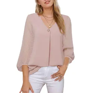 Women's V-Neck Pleated Swiss Dot Three-Quarter Sleeve Shirt