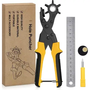 Leather Hole Puncher, (R) Full Set Punch Tool Kits for Belt, Watch Band, Shoe, Crafting, Handbag Straps, Fabric, with Extra Punch Plates and Ruler, Multi Hole Sizes Make - Yellow