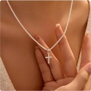 Shining 925 pure silver mini cross pendant necklace for ladies, a noble and luxurious neck accessory as a perfect jewelry gift for women Rotating Crown Cross Pendant Necklace，faith family necklace