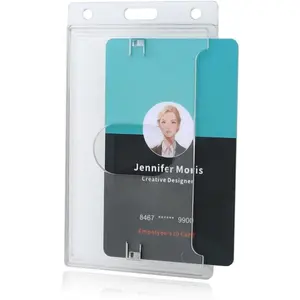 10 Pack -  Clear Heavy Duty Badge Holder - Vertical Hard Plastic ID Badge Holder for Badges - Rigid Case Single I'd Protector Access Card Holder for Lanyards, Clips & Reels by