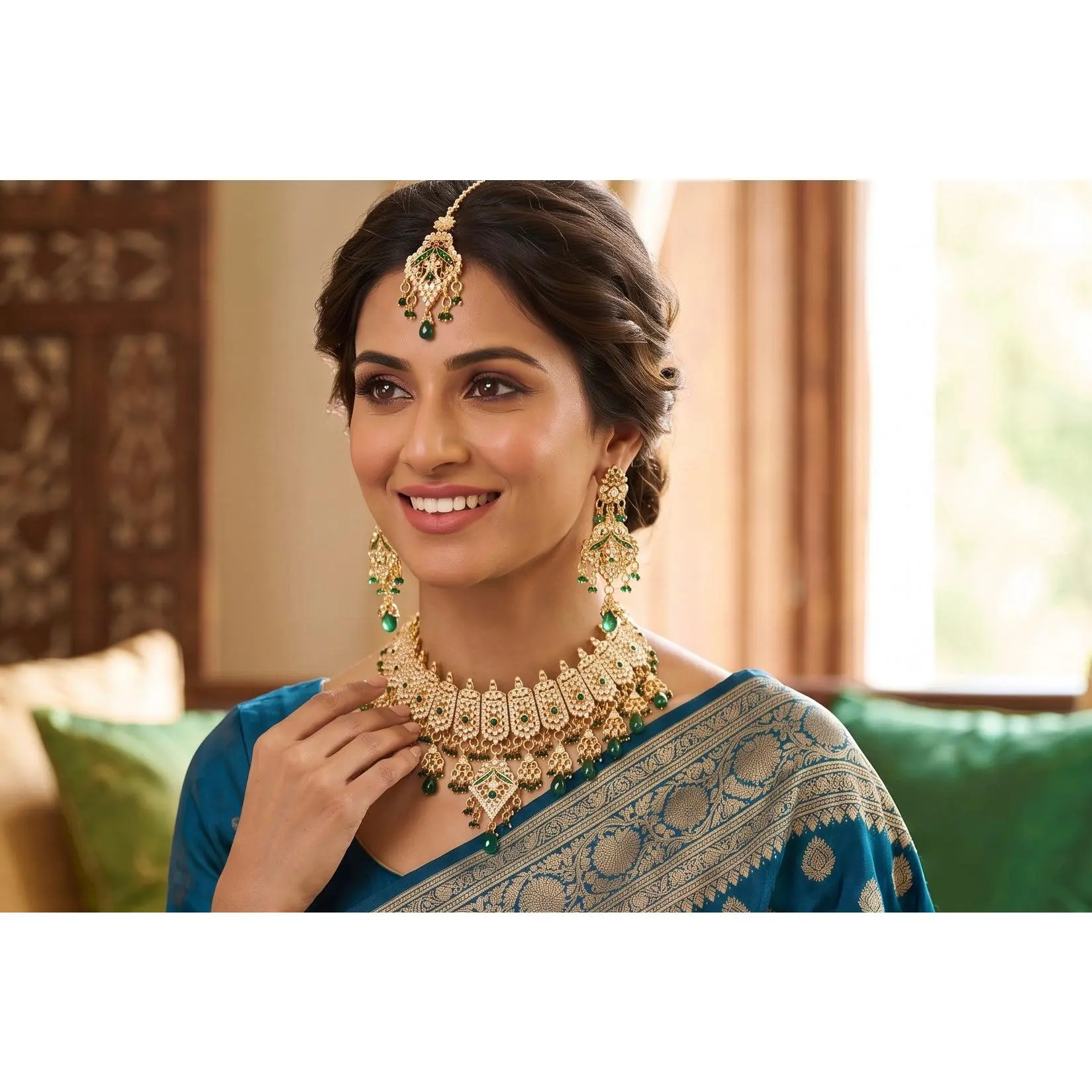 Emerald Green Kundan Bridal Jewelry Set – Gold Tone Indian Pakistani Afghan Wedding Necklace Set with Earrings & Maang Tikka | Jewelry Gift Box Included 7017