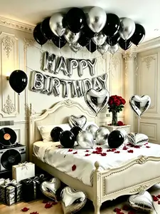 574pcs Silver & Black Birthday Decoration Set 500 Nonwoven Fabric Petals Happy Birthday Banner Letters Love Heart Foil Balloons Thick Latex Balloons Dark Aesthetic Party Background for Romantic Bedroom Decor Multicolor