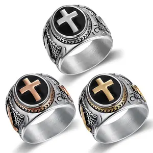 Jewelry Black & Silver Stainless Steel Christian Holy Cross Ring For Men's Rings