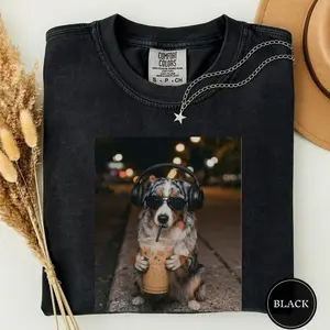 Comfort Colors Funny Australian Shepherd Drinking Iced Coffee Shirt, Animal Meme Tee, Dog Lover Gift, Funny Aussie Shirt, Dog Mom Gift T0
