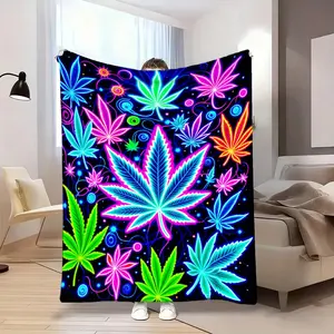 1pc Neon Leaf Art HD Printed Blanket | Glow-in-the-Dark Flannel Throw with Psychedelic Leaf Design, Heavyweight All-Season Soft Flannel Blanket for Bed, Sofa, Camping