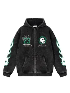 Men's Vintage Dark Wash Tie-Dye Flame Skull Hoodie, Casual Fashion Zipper Jacket, Trendy Streetwear, Versatile Pullover Sweatshirt