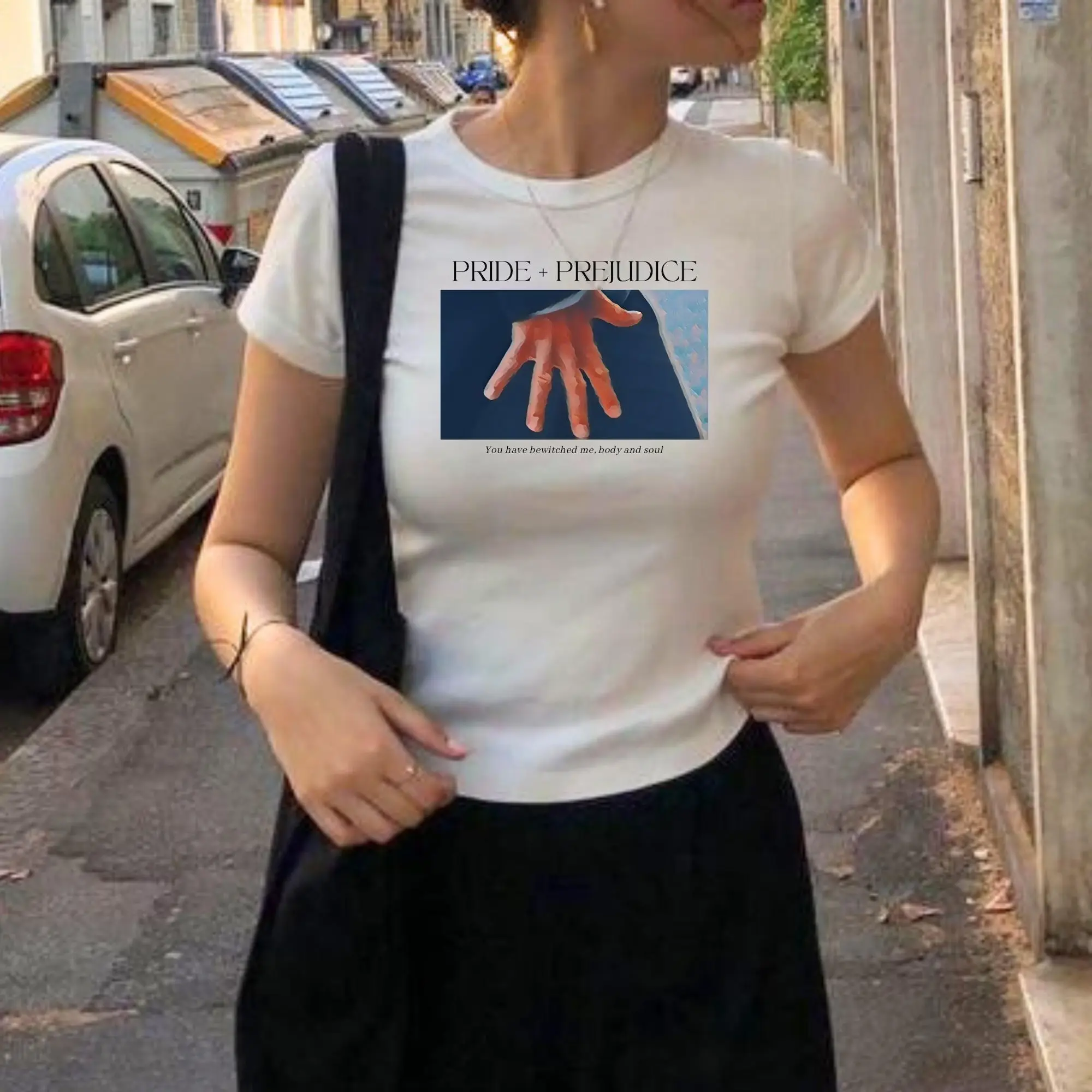 [Sale Up To 30%] Pride and Prejudice Hand Flex Scene Y2K Baby Tee, Bookish Graphic Shirt, Classic Literature Gift, Retro Book Lover Shrunken Tee