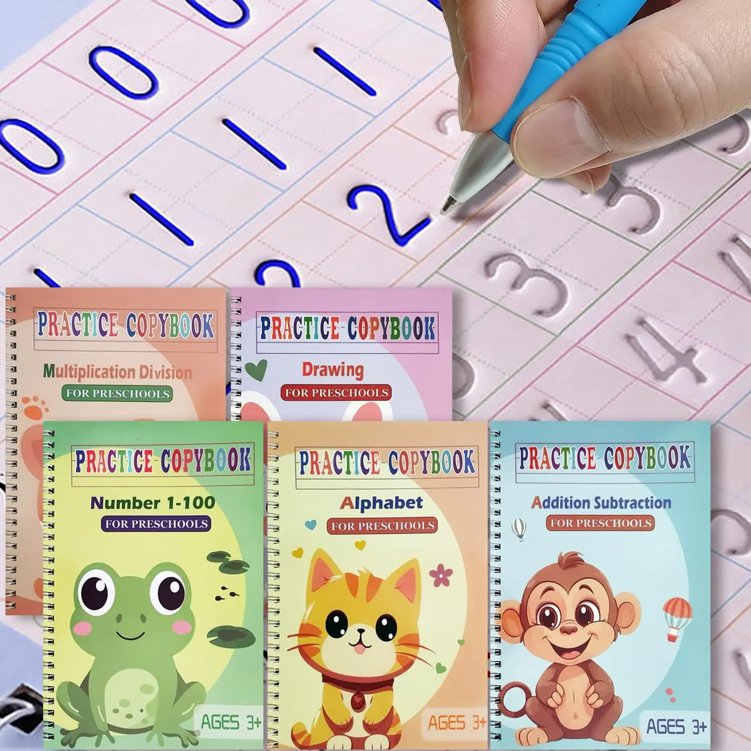 Magic Grooved Practice Copybook 5-Pack with Adjustable Pens, Reusable Groove Writing Board Workbooks for Tracing Letters, Numbers, Math, Kindergarten Sight Words, Back to School Haul Office Accessories School Supplies College for Kids Ages 3-8