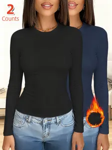 2-Pack Women's Thermal Underwear Tops, Solid Color Classic Crew Neck Long-Sleeve Base Layers for Autumn & Winter - Ideal as Running, Hiking Activewear, Comfortable Base Layer Tees Suitable for Outdoor Activities