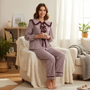 Women's Fall Plaid Pajamas Set Long Sleeve Bow Tie Front Tops and Elastic Waist Pants Lounge Wear 2 Pcs Set