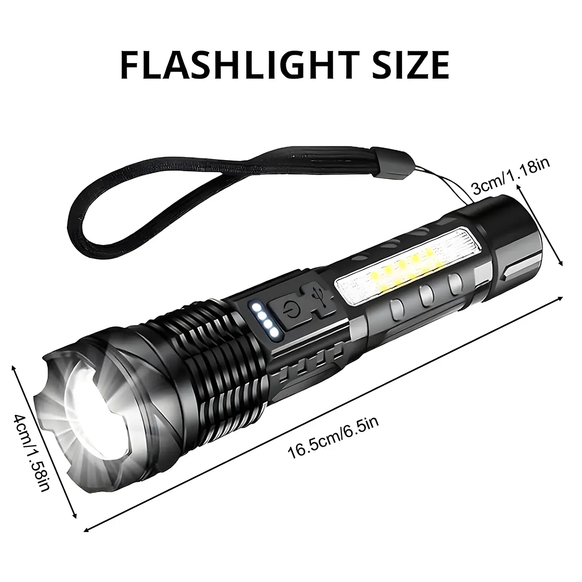 Tactical Zoomable Flashlight with COB Side Light – USB-C Rechargeable, IPX4 Waterproof, Long Distance Spotlight & Wide Flood Beam, Ideal for Camping, Fishing, Auto Repair, and Outdoor Emergencies