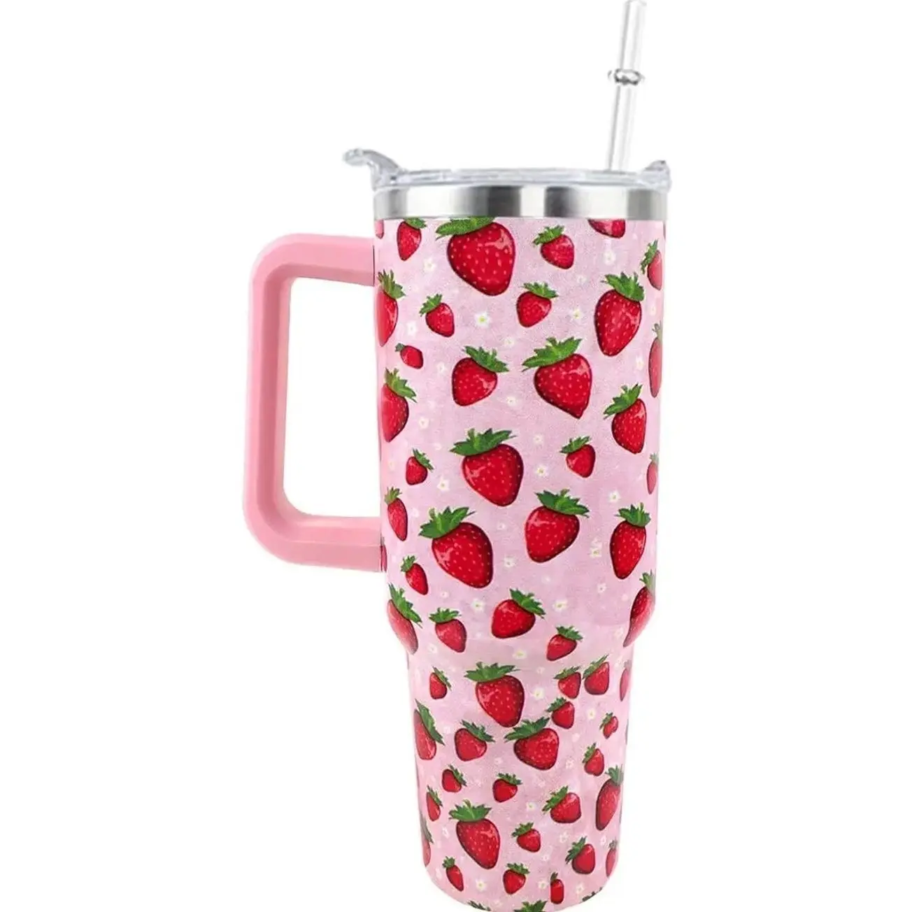 40 oz Stainless Steel Strawberry Traveler Tumbler - Leak-Proof Reusable Water Bottle, Portable Insulated Kitchen Drinkware with Handle, Straw Lid, for Hot/Cold Beverages, Women's Birthday Gift, Reusable Coffee Cup, Insulated Water Bottle, Water Bottles
