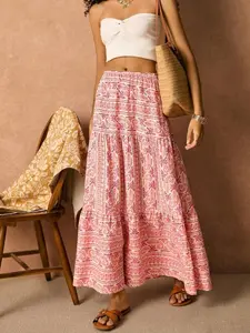 Boho Floral Print Patchwork Midi Skirt, High Waist Elastic Flowy Summer Dress, Sexy A-Line Fitted Skirt, Solid Pattern Clothing