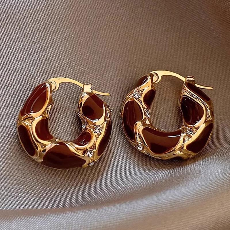 3 Pairs Women's Elegant Tiger Eye Stone Hoop Earrings Set, Geometric Design Resin Dripping Oil Style Jewelry for Daily Wear & Parties, Hoop Earring Sets
