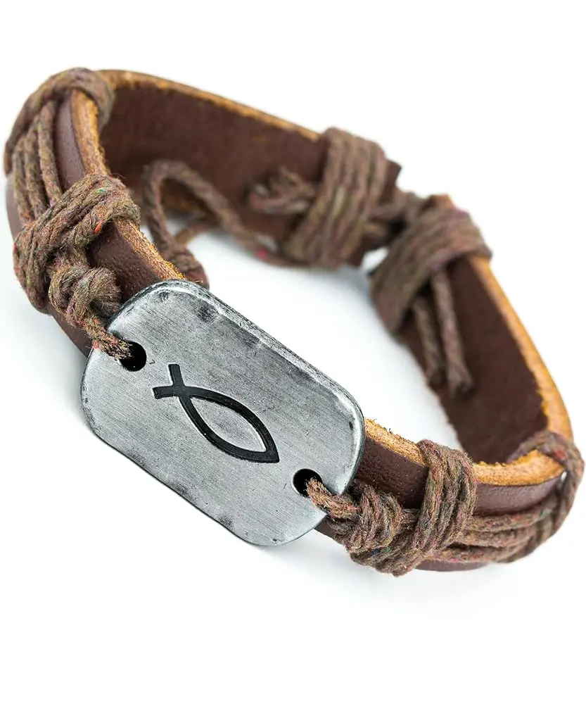 Soul Statement Leather Wrap Bracelet for Men and Teens - Fish Design in Brown & Black