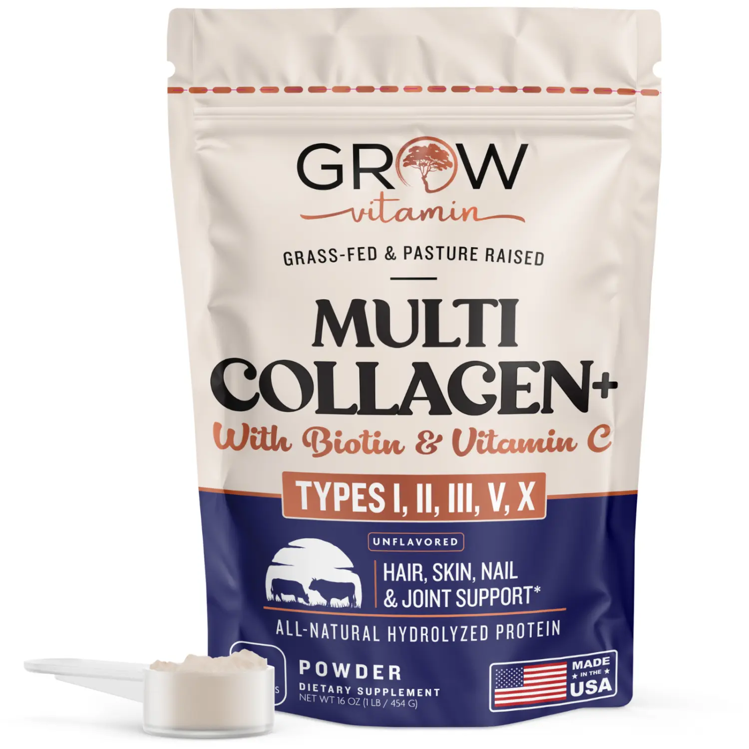 Multi Collagen Peptides Powder - Hydrolyzed Protein Peptides (Type 1, 2, 3, 5, 10) US Natural Beauty Supplement with Biotin for Hair, Nail Health