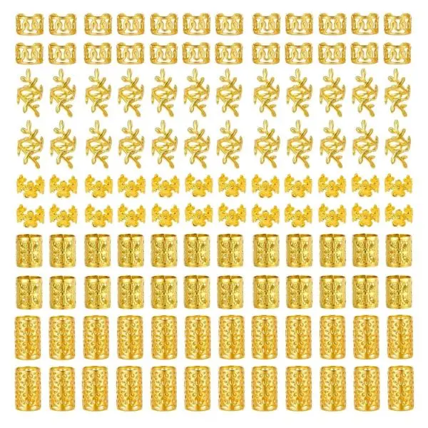 120 Pcs Gold Hair Jewelry Kit for Braids, Dreadlocks – 5 Styles Hair Rings, Cuffs & Clips, Braid Accessories for Black Women, Hair Decorations for Box Braids