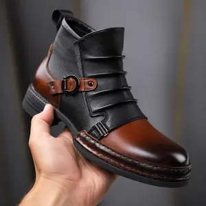 Men's High-Top PU Leather Boots - 2-Tone Decorative Fashion Casual Walking Shoes, Synthetic Closed Footwear