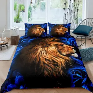 Feelyou Wild Animal Theme Duvet Cover Set, Blue Rose Lion Bedding Set, Decorative Bedding for Adults, Romantic Floral Wildlife Bedspread Cover, Bedroom Decor (No Comforter Included), Bed Sets, Quilt Bedding Set