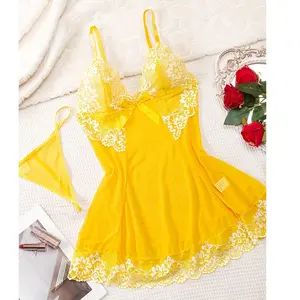 Sexy V-Neck Lace Babydoll Nightgown for Women - Yellow Floral Print Mesh Chemise with Front Bow Detail, Soft & Comfortable Adult Sleepwear, Sensual Nightgown | Feminine Chemise | Intricate Lace Pattern