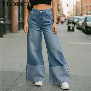 UOOZEE Women's High-Waist Contrast Color Wide-Leg Long Jeans - Thick, Non-Stretch Vintage Washed Cotton Pants with Pockets, Minimalist Casual Fit Streetwear Jeans for Women's Clothes Bottoms
