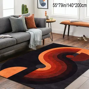 [Velvet + Pointed Base]1PC Orange and Red S-Curve Pattern Living Room Carpet, Contemporary Rugs, Fashionable Trendy Indoor/Outdoor Decor Carpet, Machine-Washable Rectangular Living Room Rug, Suitable for Home, Office, Bedroom and Hotel