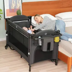 5 In 1 Baby Bassinet Beside Sleeper, Pack And Play Bassinet , Beside Sleeper For Newborn To Toddlers,Multifunction Portable Playard With Bassinet Crib,Soft Toys,Waterproof Sheet,Diaper Changer.(Black)