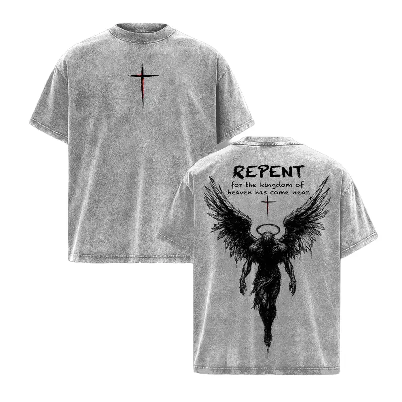 Men's Oversized Vintage Washed Short-Sleeve T-Shirt - Heavyweight Breathable Cotton Fabric, Baggy Unisex Drop Shoulder Crew Neck, Casual Faith Graphic Tee with Angel Cross Streetwear, Tops, Shortsleeve, Round Neck, Loose