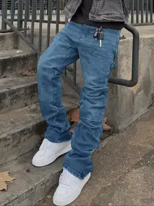 Men's Flare Jeans Washed Vintage Blue Elastic Stretchable Patchwork Slim Fit High Street Streetwear Korean Style Denim Fabric Jeans, Casual All Seasons Pants Menswear