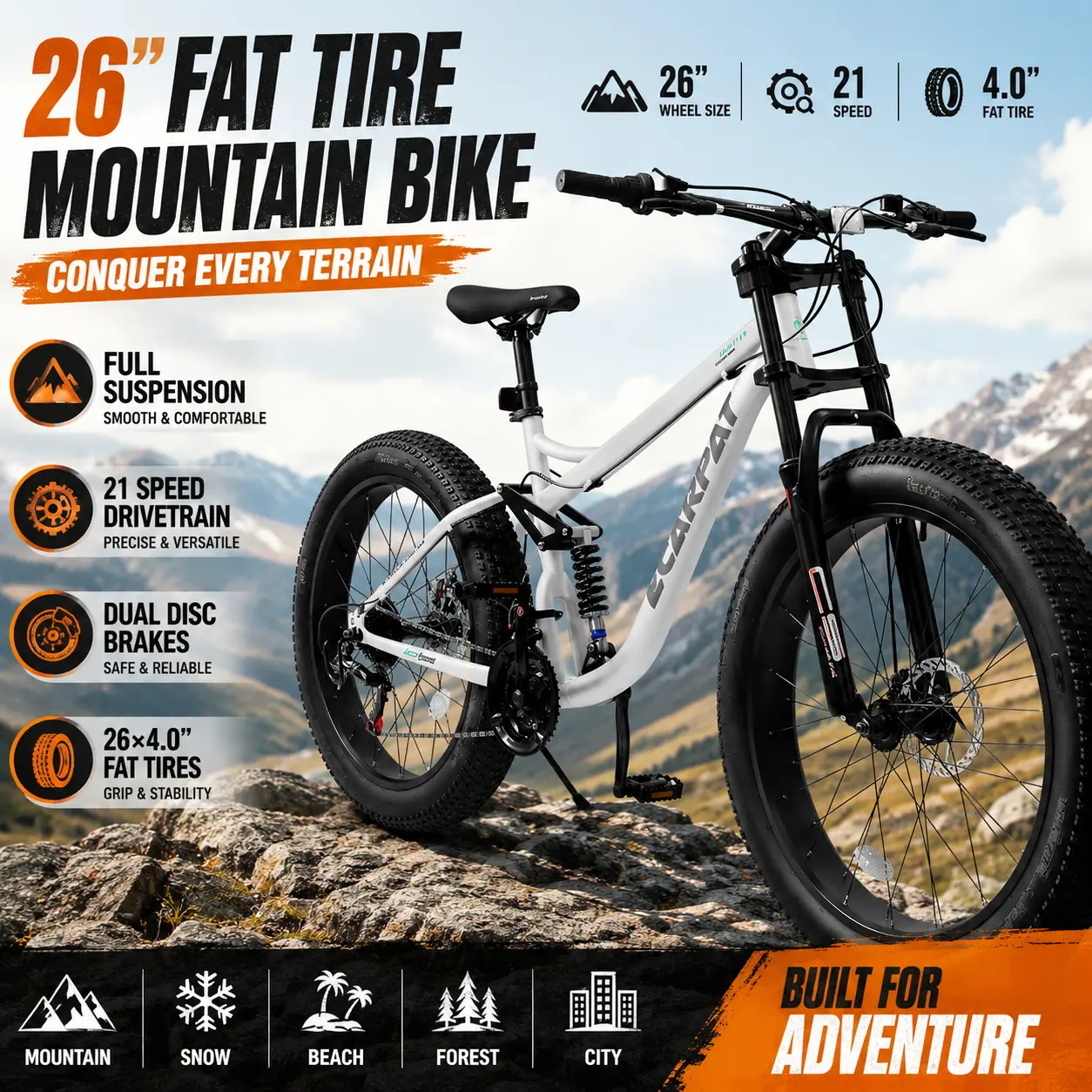 26 inch Fat Tire Mountain Bike Full Suspension 21 Speed Drivetrain MTB Bicycle with Dual Disc Brakes 26x4 inch Wide Tires All Terrain Heavy Duty Offroad Beach Snow Trail Riding Trailbreaker for Men Adults1