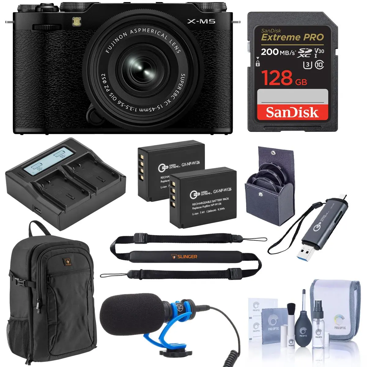 Fujifilm X-M5 Mirrorless Camera w/XC 15-45mm f/3.5-5.6 OIS PZ Lens, Black, Bundle with 128GB Memory Card, 2x Extra Battery, Shotgun Microphone, Card Reader, Backpack and 52mm Filter Kit