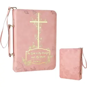 Bible Cover Case for Women，Large PU Leather Debossed Scripture Cover with Cross & Rose，Bible Accessories，Bible Carrying Case for Women, Girls, Gifts (Pink Gold)