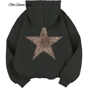 Women’s Old-School European Style Star Graphic Hoodies, Y2K Leopard Print Hooded Sweatshirts, Cheetah Hoodies — Unisex Streetwear Pullover Tops for Winter