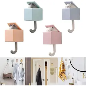 4pcs Cute Self Adhesive Towel Hooks For Bathrooms, Wall Hooks Heavy Duty For Hanging Coat, Towel,Scarf, Hat, Robes,Key,Creative Kawaii Room Decorative Cat Hook For Tiles, Glass Door or Mirror