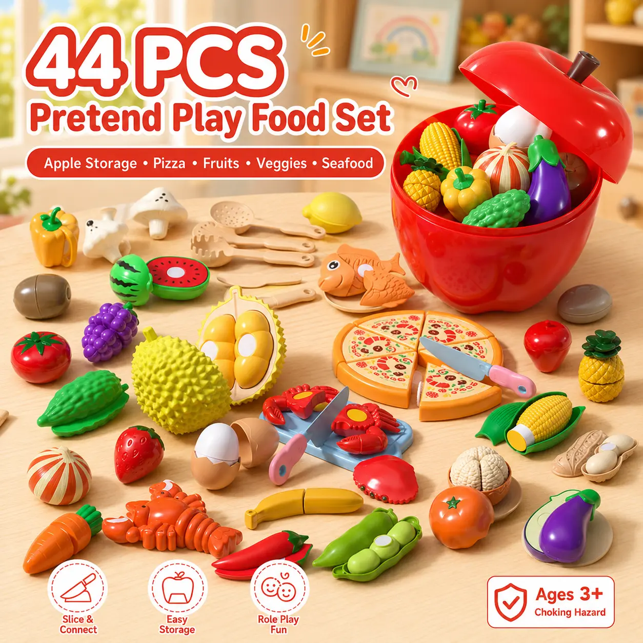AIBEIQITOY Kids Pretend Cooking Set, 44 Pieces Realistic Cutting Toy Food with 6-Slice Pizza, Fruits, Vegetables & Seafood, Satisfying ASMR Sensory Play Kitchen Accessories with Storage Basket for Toddlers Ages 3+ (24PCS/55PCS Sets Available)