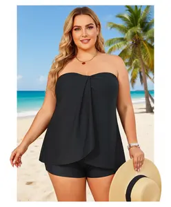 Plus Size Tankini Set for Women, Black Bandeau Swimsuit with Boy Shorts, Twist Front Tummy Control Bathing Suit for Swimming, Pool, Beach, and Vacation