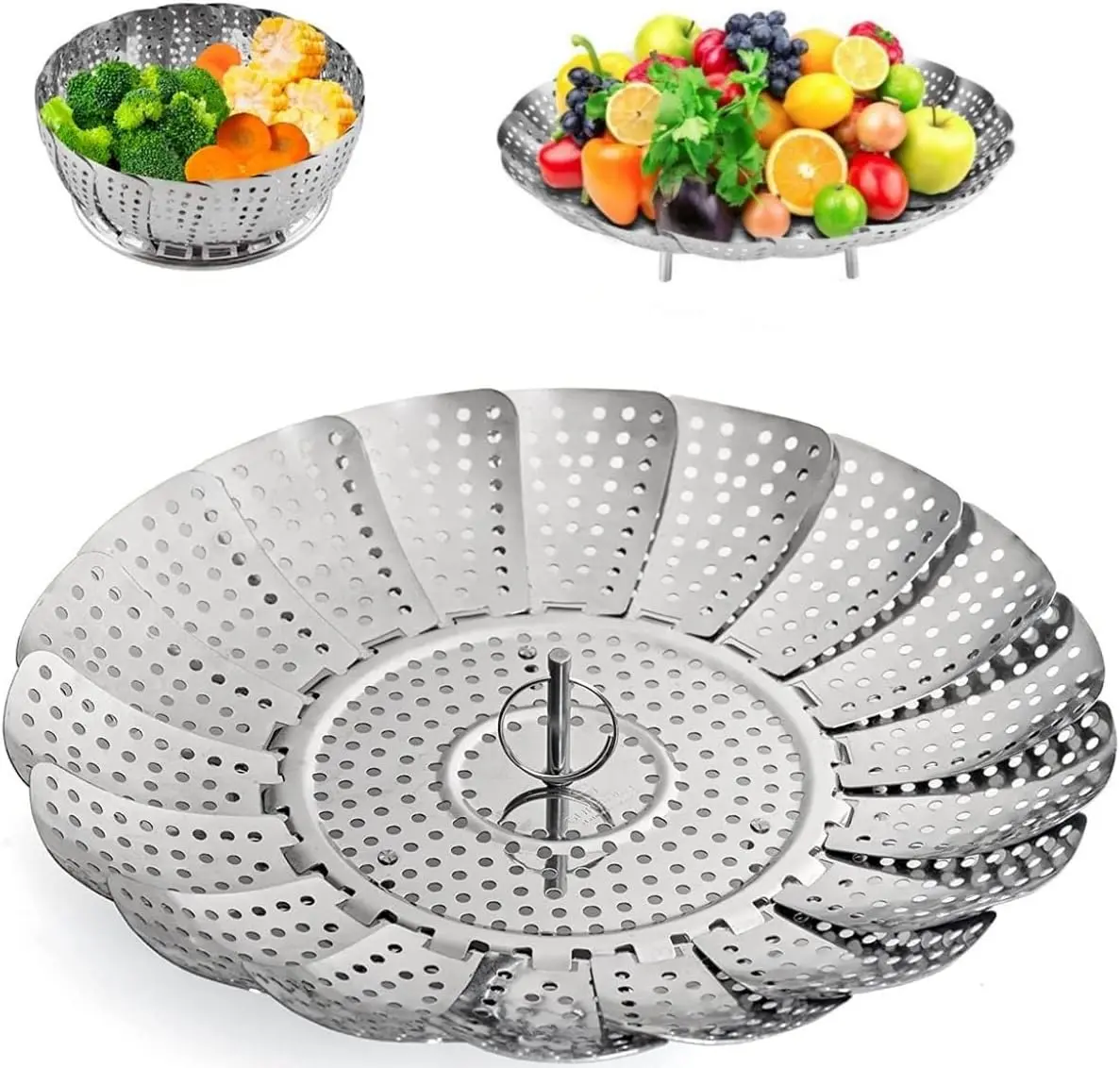 Stainless Steel Round Steamer Basket Insert with Handle - Cookware Accessory, Heat-Resistant, Rust-Resistant, Dishwasher-Safe, Expandable 5.5"-9.3" Steamer Rack for Versatile Steaming Cooking